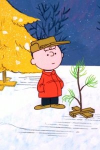 Charlie Brown looking at his scrawny tree